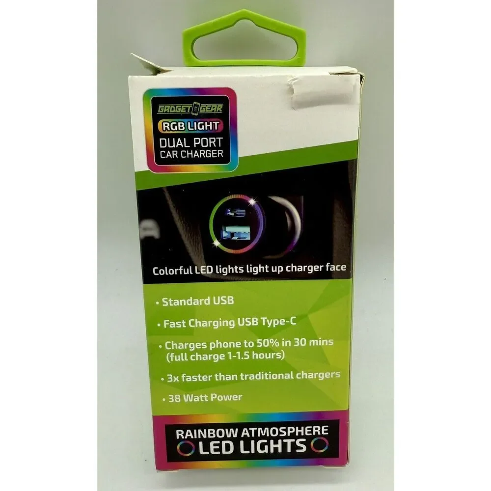 Gadget Gear‎ Dual Port USB & USB-C Car Charger With Rainbow LED Lights 38W